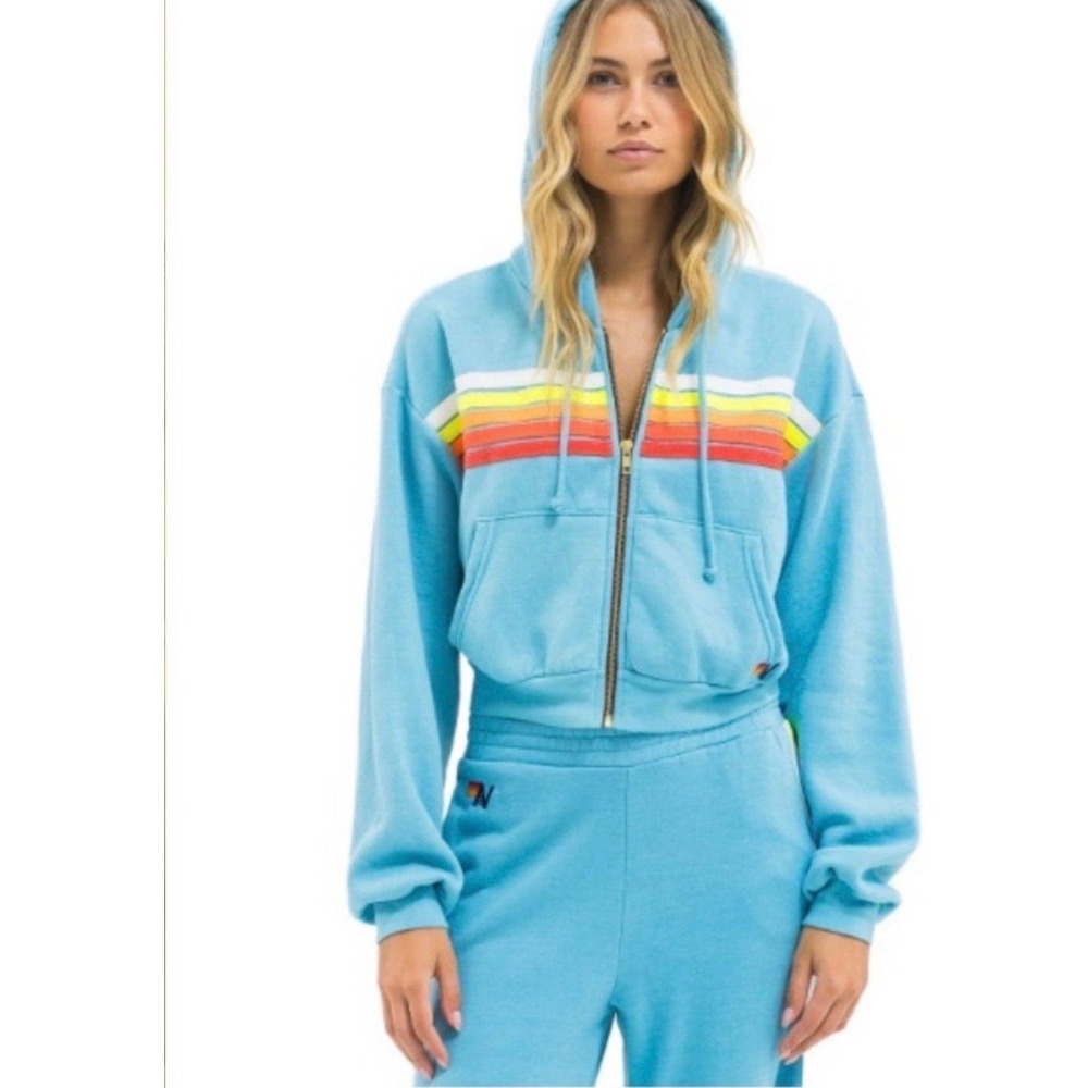 Aviator Nation 5 Stripe Full Zip Hoodie Women XL Blue Retro Rainbow Surf Coastal